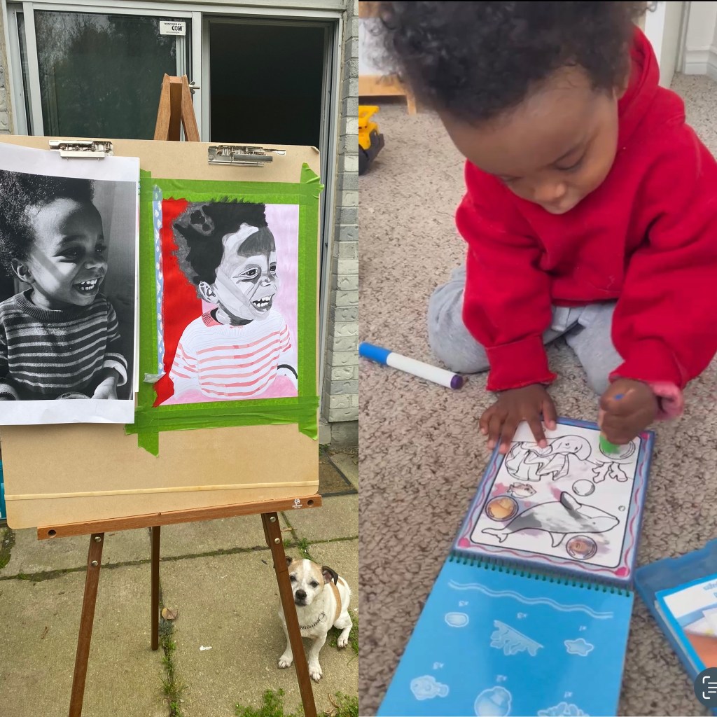 A split image showing (left) an in-progress painting of a young black boy, Ace, on a brown drawing board outside of a grey brick house, in front of a patio door. A small Jack Russell dog - Petey- sits at the bottom right side of the easel. The painting is taped down with green tape and a reference black-and-white photo is clipped beside it. The portrait shows Ace smiling, with the face still being developed using grayscale watercolour. The striped shirt is outlined and partially filled in with pink and red tones. A red acrylic background fills the left side of the composition, while the right remains pale pink. taped to a board, now being painted outdoors. On the right side of the split, Ace is seen in real life as a toddler, wearing a red hoodie and light grey sweat pants, colouring in a shark-themed water painting book on a carpeted floor.