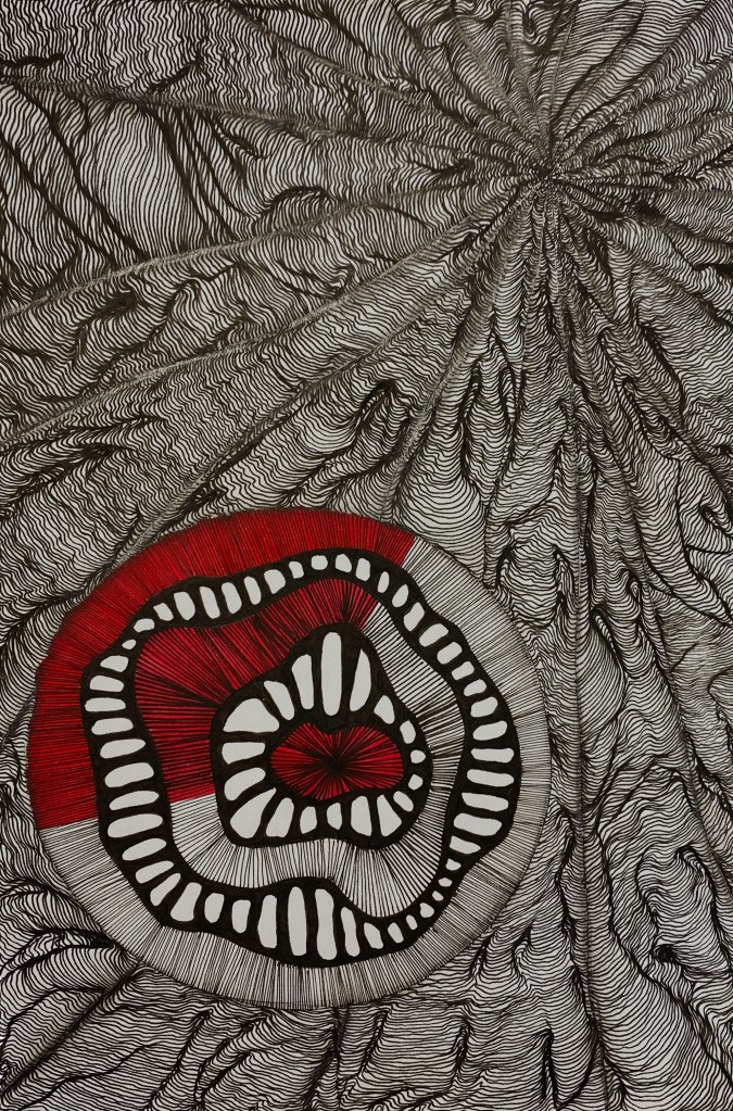 A striking abstract ink artwork featuring a highly detailed web of dark brown lines radiating outward in organic, wave-like textures across the canvas. In the lower left, concentric circular shapes form a bold focal point, filled with dense, radiating red lines and irregular white “tooth-like” ovals outlined in black. The overall effect is both hypnotic and visceral, with a pulsing center that seems to vibrate within the larger, rhythmic field of motion.
