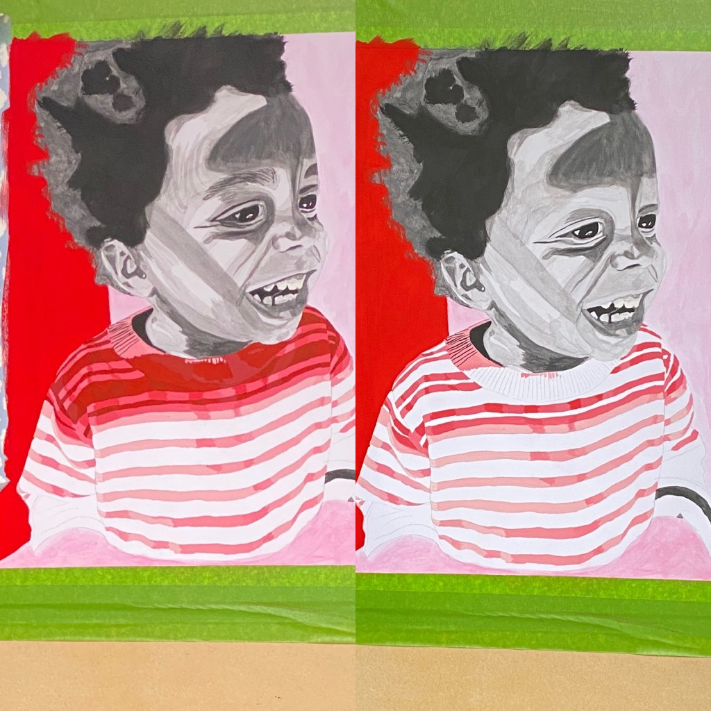 A side-by-side progress comparison of two stages in a monochromatic and achromatic painting of a young black boy named Ace, shown from the waist up. Ace has curly hair, expressive eyes, and a wide, joyful smile. The background is a split of bold red and soft pink. The left version shows the shirt partially painted in red and pink stripes, while the right version has more refined shadows and a completed neckline, giving the shirt added dimension. The face is painted in grayscale using watercolour, while the background and shirt use acrylics.