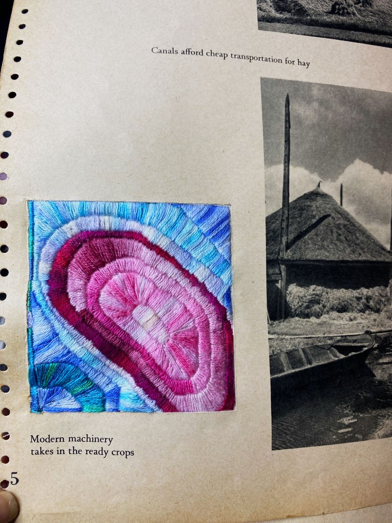 A sepia-toned page that looks aged with a grayscale image of a hut surrounded by straw on the right side of the page. in a cutout on the left side, an embroidered pice has been inserted. it is satin-stitched in a bright variegated pink floss in 6 expanding oval rings, then there are rings of a light blue variegated floss around that. It is meant to represent topographical rings. there is text under the embroidered oiece that says, "Modern machinery takes in the ready crops" and there is a 5 just below and to the left of that. The text is not relevant to the embroidery. It is from an art installation piece that was centered around an altered book.