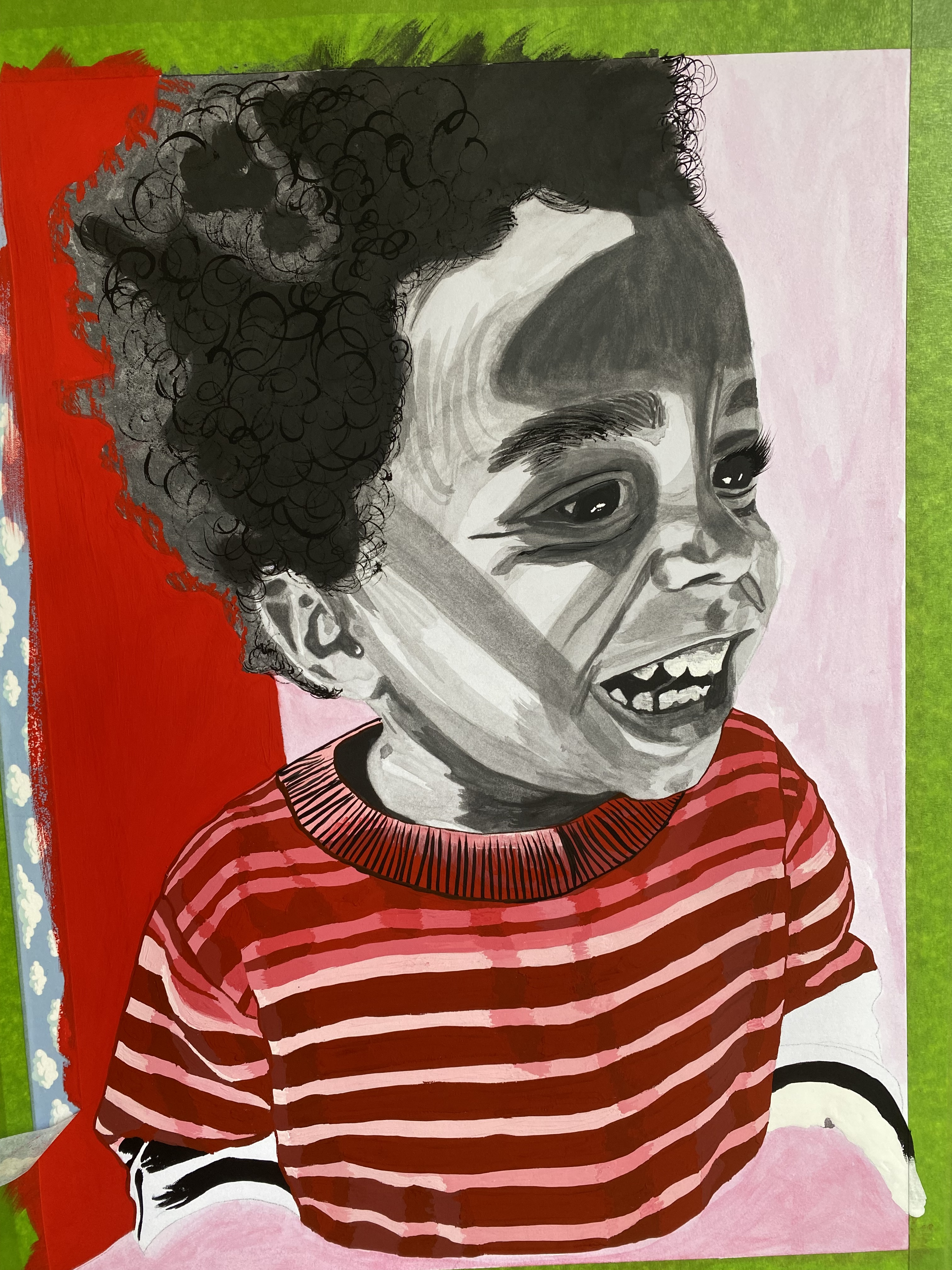 A near-final version of the painting of the young black boy, Ace. The face is now complete with detailed shading and soft white highlights in the curly hair. The red and pink striped shirt is fully painted with smooth, confident lines. The collar features black linear detailing that adds texture. Ace’s joyful expression is brought to life through the contrast of dark and light watercolour tones. The background remains the bold red and soft pink split.