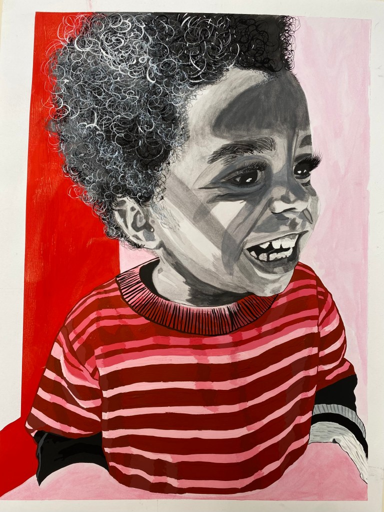 Another version of the painting nearing completed. The curls in Ace’s hair are rendered with more loose, expressive black ink swirls and circular forms with white highlighted hairs. The striped shirt is completed in rich red tones with deep pink stripes and the addition of black and white cuffs, enhancing the contrast. The face retains the same lively grayscale treatment.