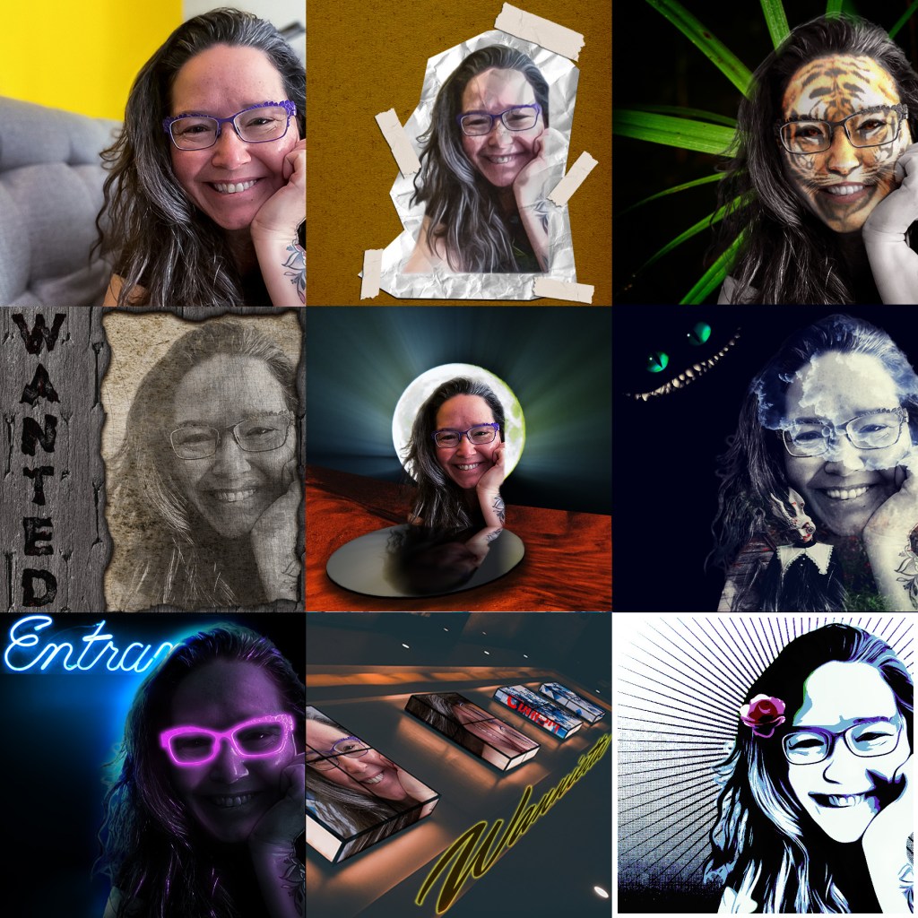 a compilation of 9 of the same face in a 3 x 3 square - a Caucasian female, middle aged. In the original, top left image, she is smiling with her long salt & pepper hair hanging down on the left side of her face. She is wearing purlple metal framed glasses and her chin is supported by her left hand and there is a bit of a floral tattoo showing on her forearm. there is a grey sofa behind her to her left, and the background wall is a brilliant, sunshine yellow. The remaining faces are photoshopped in a variety of manner - a paper cutout, a tiger print superimposed on her face with a palm leaf background, a distressed sepia toned image with WANTED burnt into wood, an image in front of a moon with a reflection in a mirror below that appears to be in a desert, a double exposure effect with a rabbit from Alice in WOnderland looking quizically on her left with clouds that are lightly tinged blue over her face and hair, with a Cheshire Cat depicted with just glowing green eyes and a sharp-toothed grin in the upper left corner, a dark image with neon pink glasses casting a glow over her face and and blue neon "entrance" sign behind her in the upper left corner, a block with 4 raised rectangular panels (like on a rooftop) what have images of her in perspective and the name Wannietta in a yellow outline in perspective below, and finally a posterized image of her in blues and purples with a pink rose in her hair and a grainy black starbust behind her.