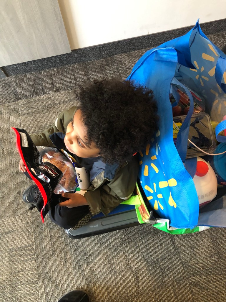 A young black boy is sitting at the end of a flat cart, a Walmart bag of groceries behind him, and he his holding a Kirkland rotiserie chicken in its bag. His hair is a natural afro, he is wearing an army green coat with black pants and boots.